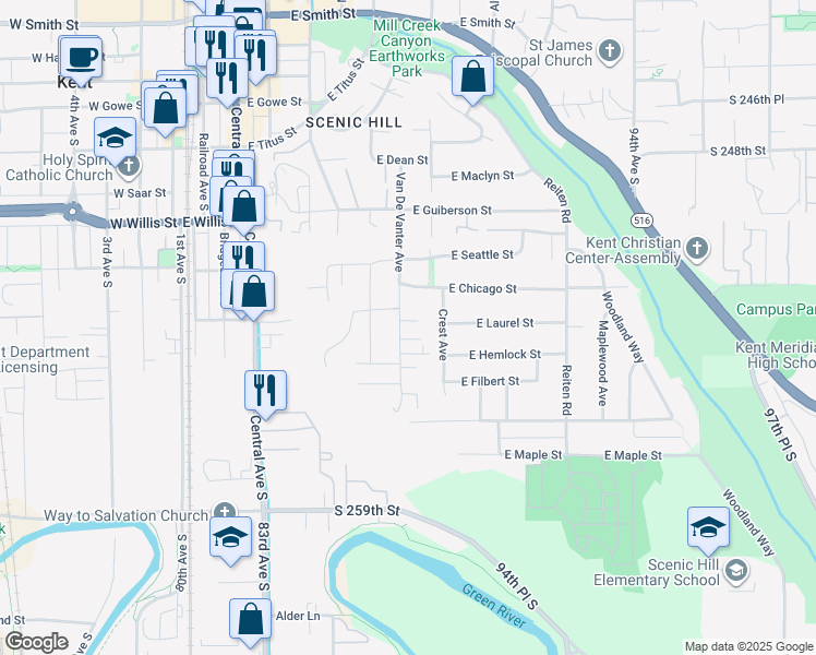 map of restaurants, bars, coffee shops, grocery stores, and more near 736 Van De Vanter Avenue in Kent