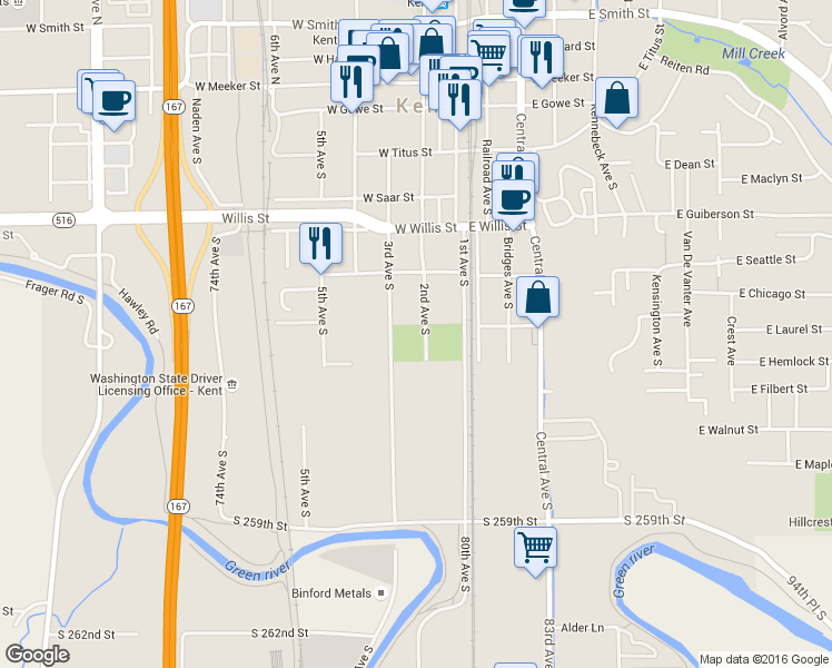 map of restaurants, bars, coffee shops, grocery stores, and more near 725 2nd Avenue South in Kent