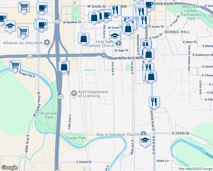 map of restaurants, bars, coffee shops, grocery stores, and more near 731 3rd Avenue South in Kent