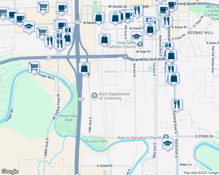 map of restaurants, bars, coffee shops, grocery stores, and more near 731 5th Avenue South in Kent