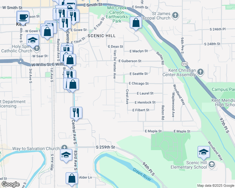 map of restaurants, bars, coffee shops, grocery stores, and more near 736 Van De Vanter Avenue in Kent