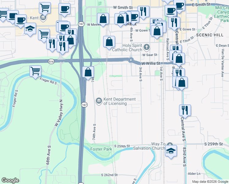 map of restaurants, bars, coffee shops, grocery stores, and more near 708 6th Avenue South in Kent
