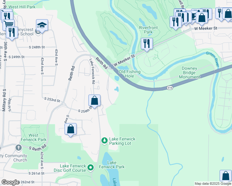 map of restaurants, bars, coffee shops, grocery stores, and more near 4821 Kent Des Moines Road in Kent