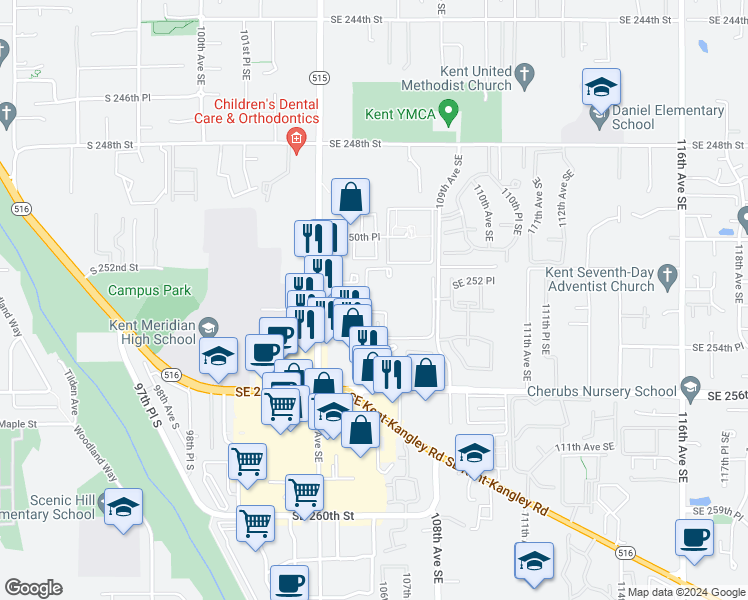 map of restaurants, bars, coffee shops, grocery stores, and more near 10528 Southeast 256th Street in Kent