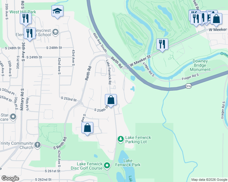 map of restaurants, bars, coffee shops, grocery stores, and more near 4803 South 251st Court in Kent