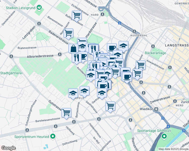 map of restaurants, bars, coffee shops, grocery stores, and more near 231 Zurlindenstrasse in Zürich