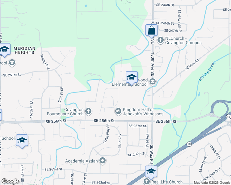 map of restaurants, bars, coffee shops, grocery stores, and more near 17530 Southeast 252nd Place in Covington