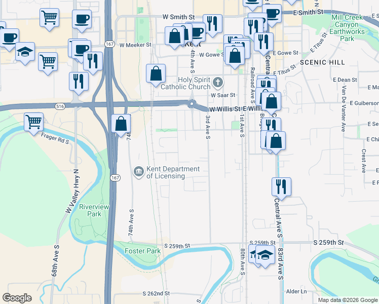 map of restaurants, bars, coffee shops, grocery stores, and more near 618 5th Avenue South in Kent