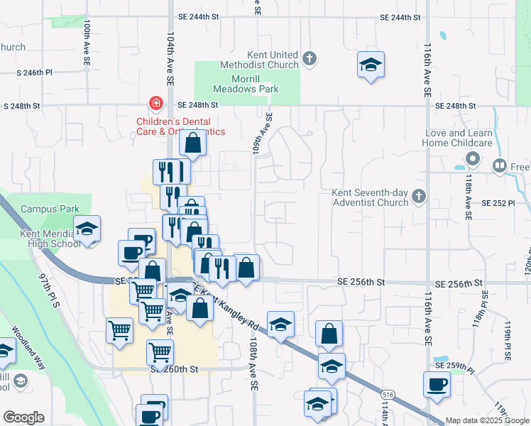 map of restaurants, bars, coffee shops, grocery stores, and more near 10926 Southeast 252 Place in Kent