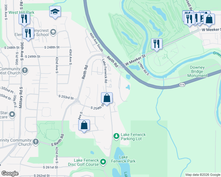 map of restaurants, bars, coffee shops, grocery stores, and more near 4803 South 251st Court in Kent