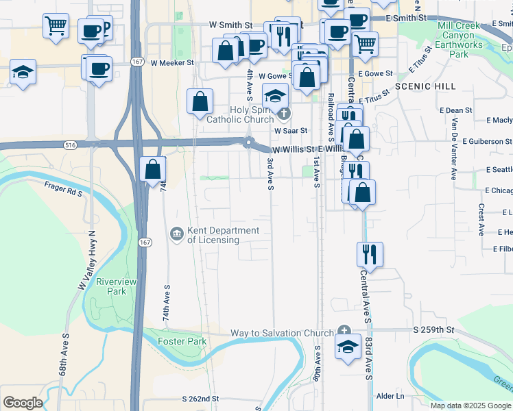 map of restaurants, bars, coffee shops, grocery stores, and more near 617 3rd Avenue South in Kent