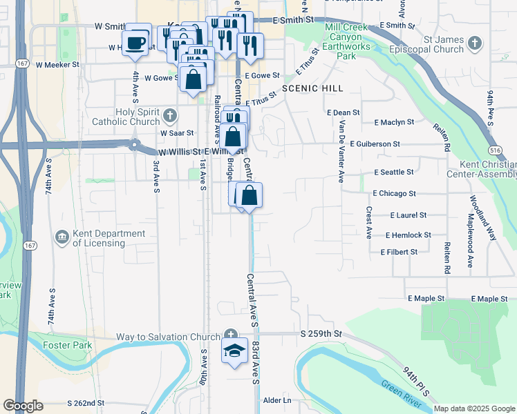 map of restaurants, bars, coffee shops, grocery stores, and more near 850 Central Avenue South in Kent