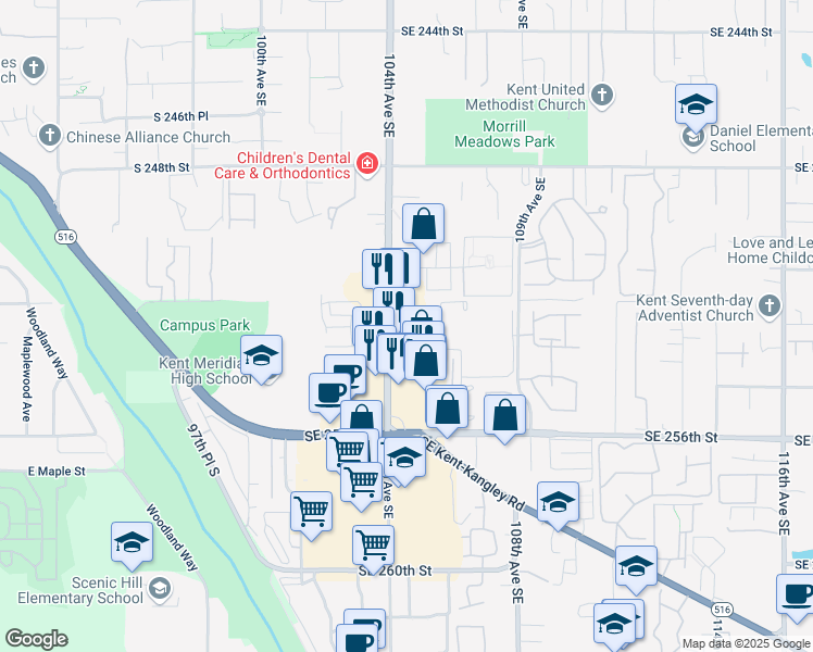 map of restaurants, bars, coffee shops, grocery stores, and more near 25206 Washington 515 in Kent