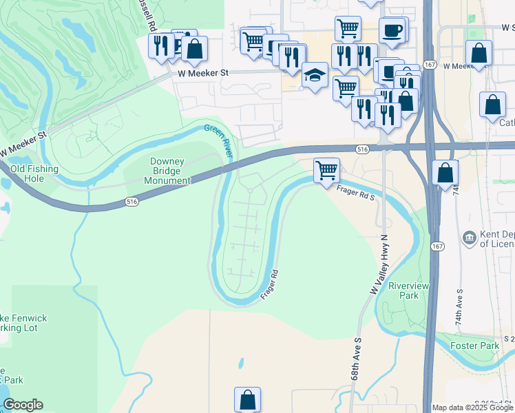 map of restaurants, bars, coffee shops, grocery stores, and more near 25110 62nd Place South in Kent