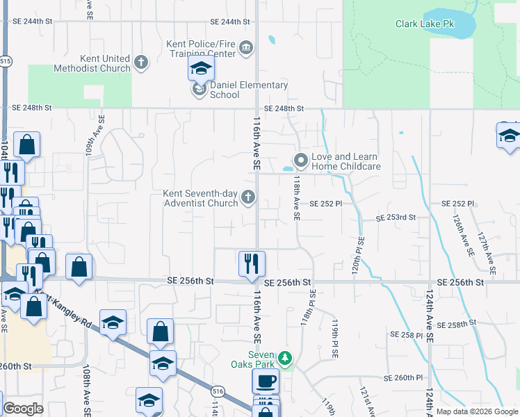 map of restaurants, bars, coffee shops, grocery stores, and more near 11632 Southeast 252nd Place in Kent