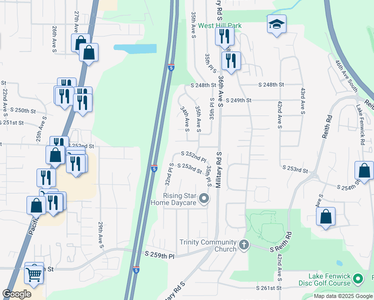 map of restaurants, bars, coffee shops, grocery stores, and more near 3403 South 251st Place in Kent