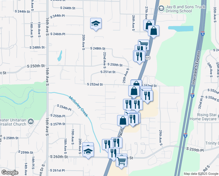 map of restaurants, bars, coffee shops, grocery stores, and more near 2222 South 252nd Street in Kent