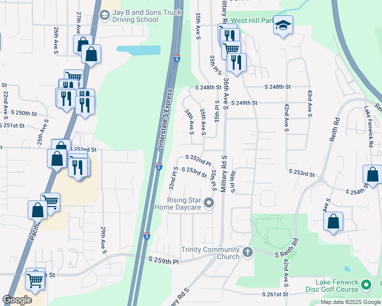map of restaurants, bars, coffee shops, grocery stores, and more near 3403 South 251st Place in Kent