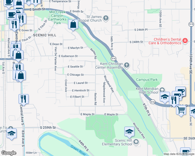 map of restaurants, bars, coffee shops, grocery stores, and more near 617 Reiten Road in Kent