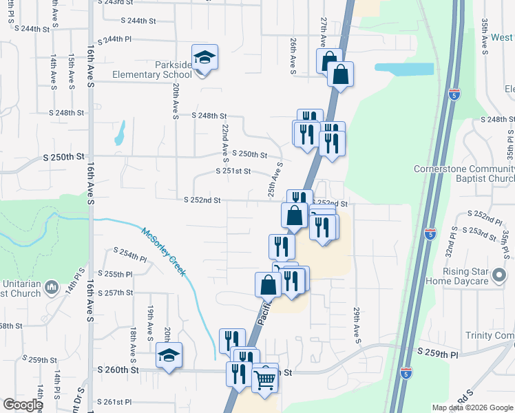 map of restaurants, bars, coffee shops, grocery stores, and more near 25127 25th Avenue South in Kent