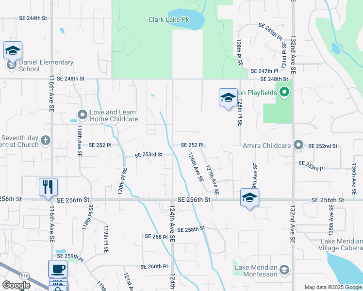 map of restaurants, bars, coffee shops, grocery stores, and more near 12428 Southeast 252 Place in Kent