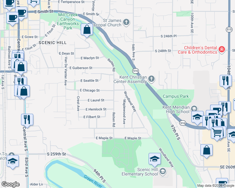 map of restaurants, bars, coffee shops, grocery stores, and more near 607 Woodland Way in Kent
