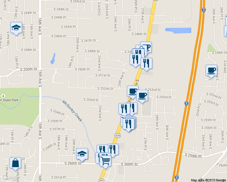 map of restaurants, bars, coffee shops, grocery stores, and more near 25127 25th Avenue South in Kent