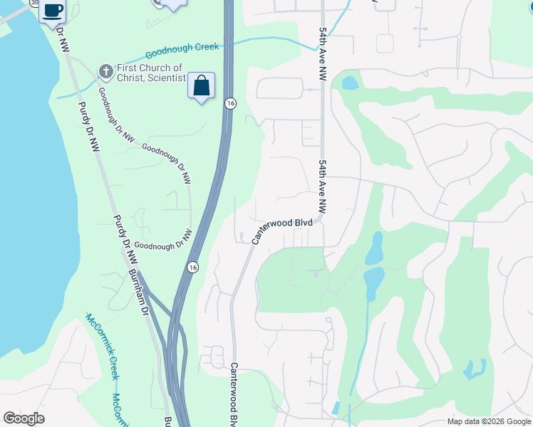 map of restaurants, bars, coffee shops, grocery stores, and more near 12822 Canterwood Boulevard Northwest in Gig Harbor