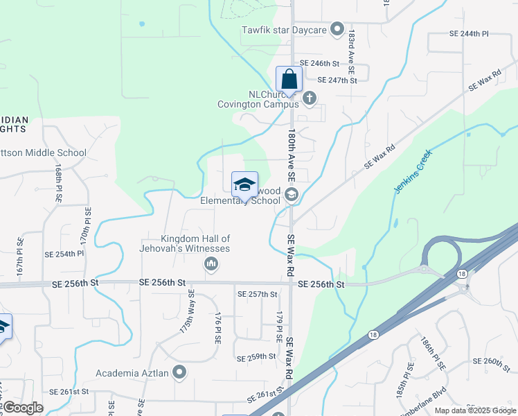 map of restaurants, bars, coffee shops, grocery stores, and more near 25225 180th Avenue Southeast in Covington