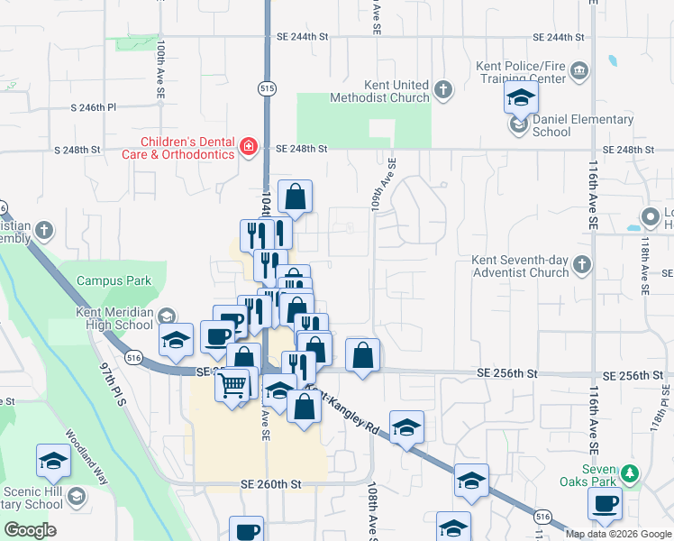 map of restaurants, bars, coffee shops, grocery stores, and more near 10600 Southeast 256th Street in Kent