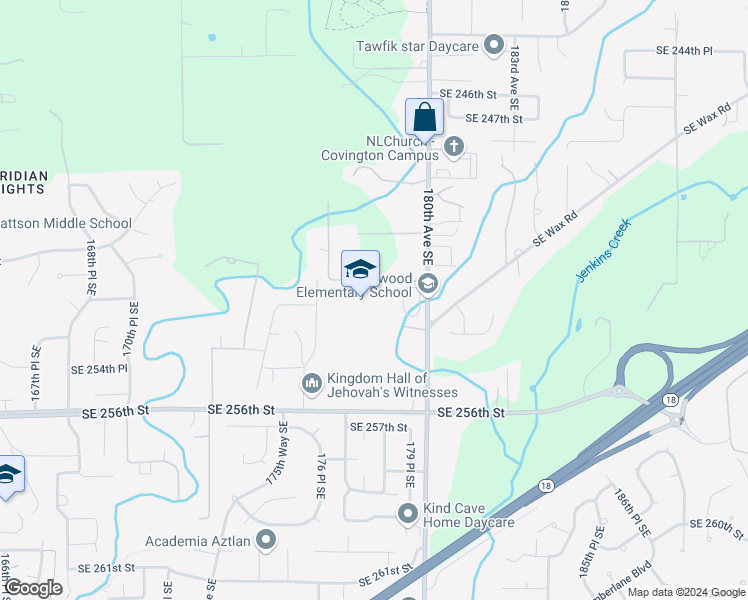 map of restaurants, bars, coffee shops, grocery stores, and more near 25225 180th Avenue Southeast in Covington