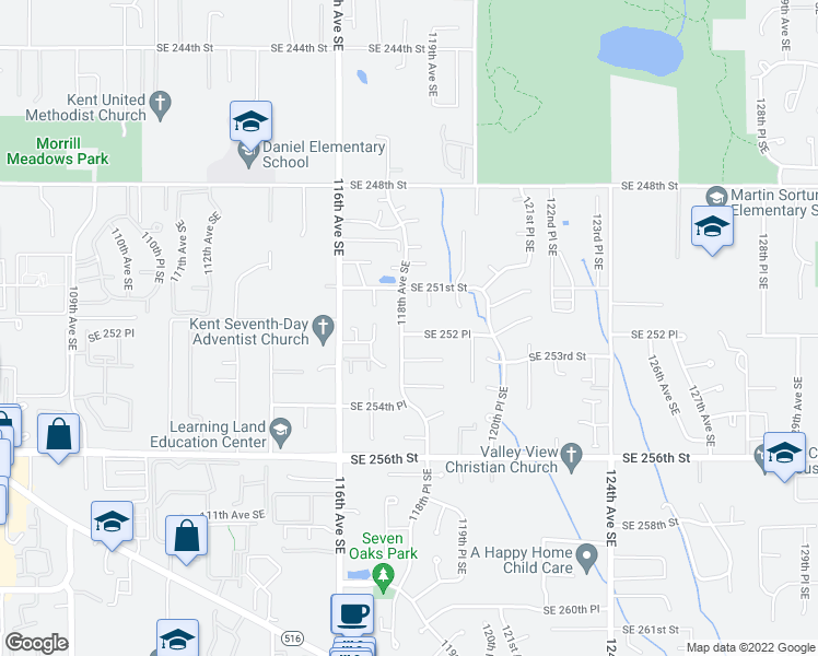 map of restaurants, bars, coffee shops, grocery stores, and more near 11804 Southeast 252 Place in Kent