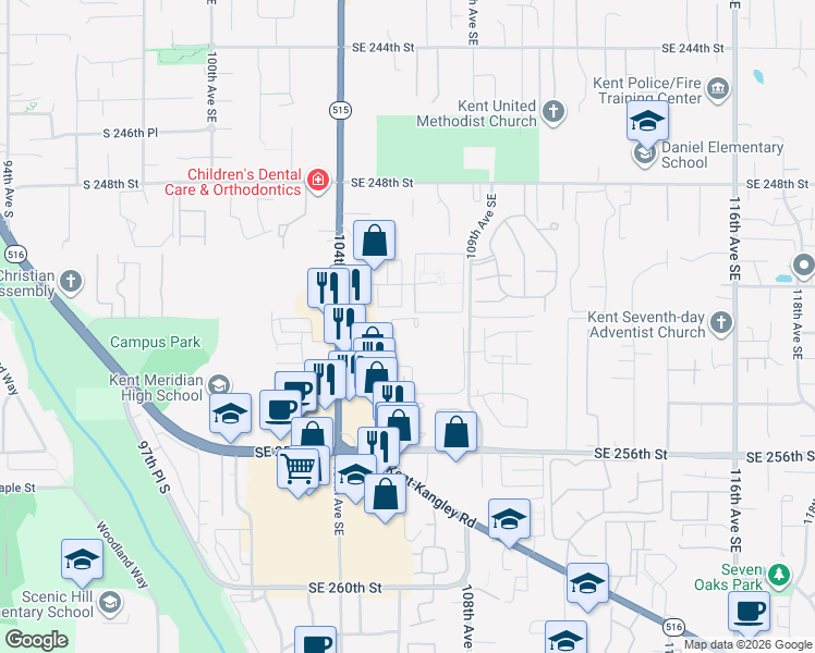 map of restaurants, bars, coffee shops, grocery stores, and more near 10601 Southeast 252nd Street in Kent