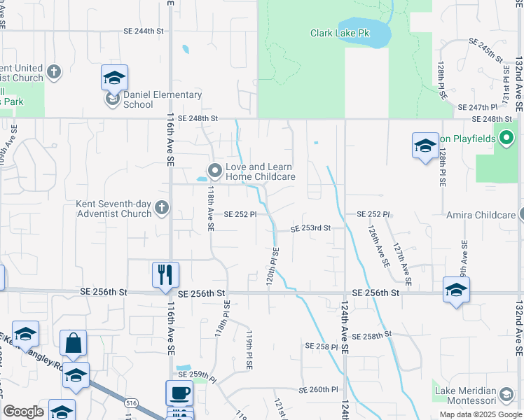 map of restaurants, bars, coffee shops, grocery stores, and more near 25123 120th Place Southeast in Kent