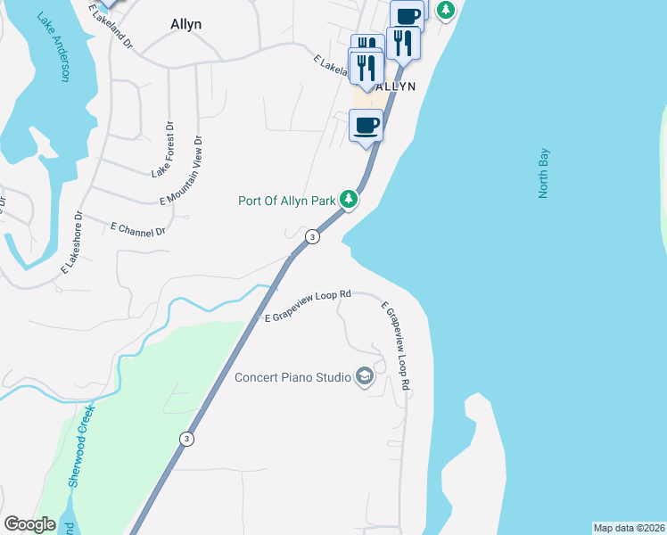 map of restaurants, bars, coffee shops, grocery stores, and more near 17990 Washington 3 in Mason County