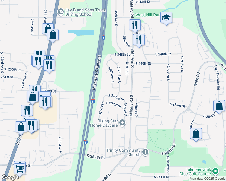 map of restaurants, bars, coffee shops, grocery stores, and more near 3403 South 251st Place in Kent