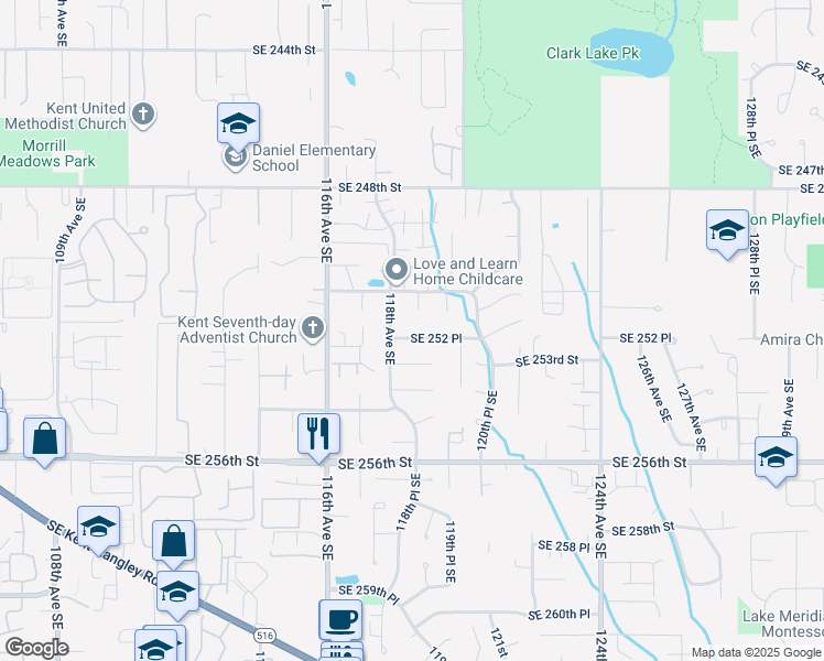 map of restaurants, bars, coffee shops, grocery stores, and more near 11820 Southeast 252 Place in Kent