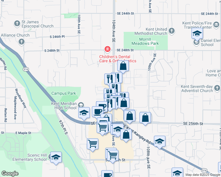 map of restaurants, bars, coffee shops, grocery stores, and more near 25207 104th Avenue Southeast in Kent