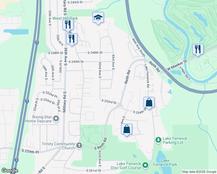 map of restaurants, bars, coffee shops, grocery stores, and more near 4228 South 252nd Street in Kent