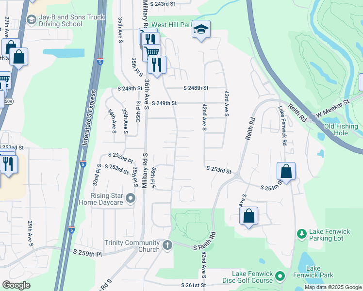 map of restaurants, bars, coffee shops, grocery stores, and more near 3812 South 252nd Street in Kent