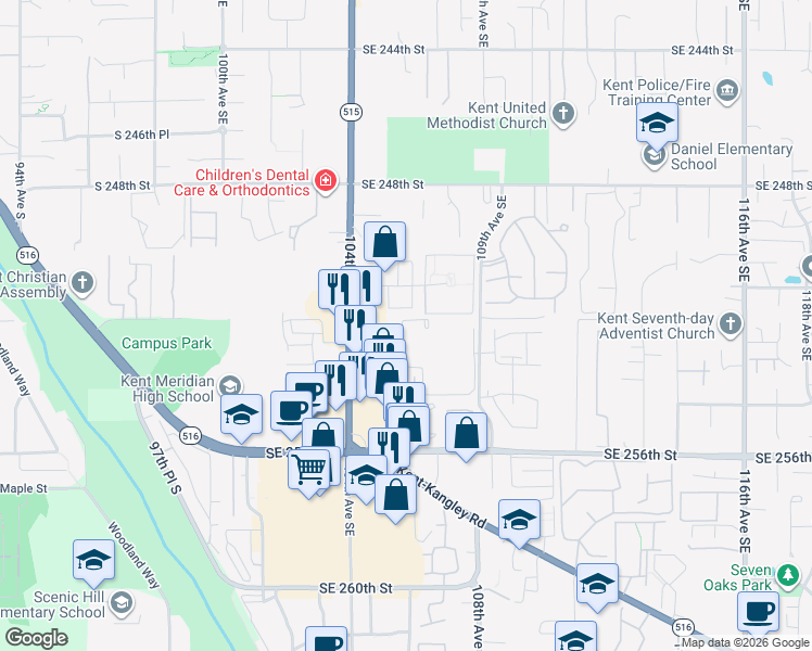 map of restaurants, bars, coffee shops, grocery stores, and more near 10521 Southeast 252nd Street in Kent