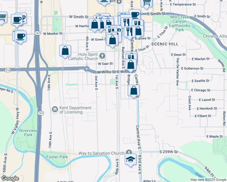 map of restaurants, bars, coffee shops, grocery stores, and more near 619 1st Avenue South in Kent