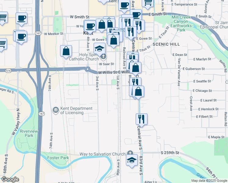 map of restaurants, bars, coffee shops, grocery stores, and more near 619 1st Avenue South in Kent