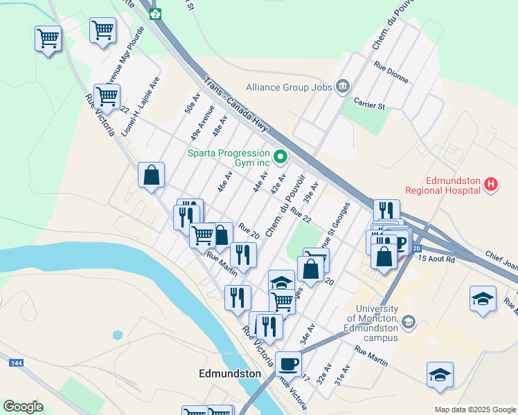map of restaurants, bars, coffee shops, grocery stores, and more near 72 42e Av in Edmundston