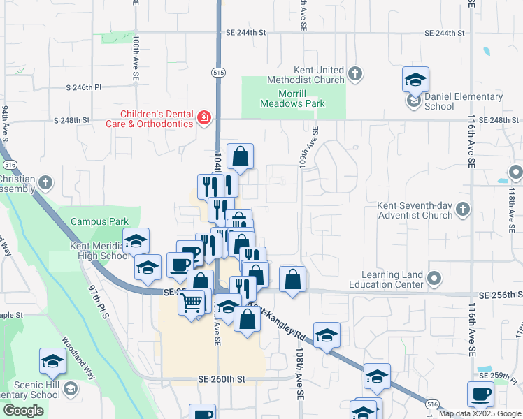 map of restaurants, bars, coffee shops, grocery stores, and more near 10609 Southeast 252nd Street in Kent