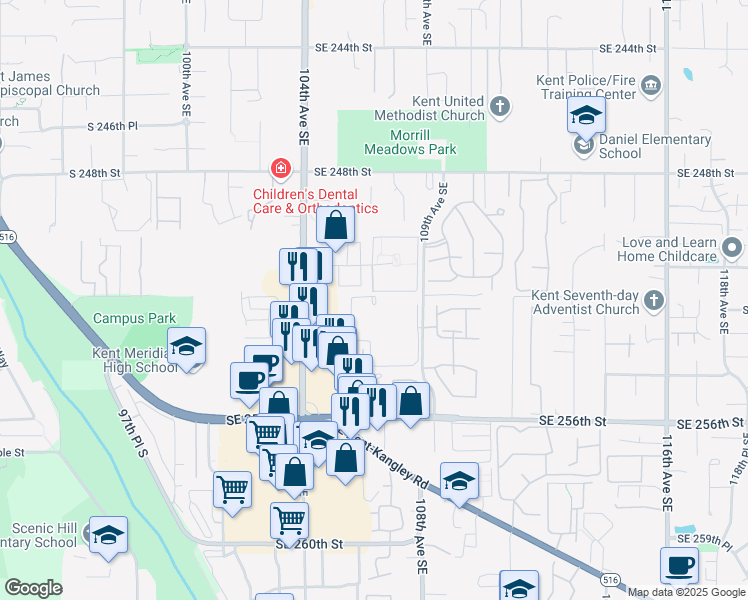 map of restaurants, bars, coffee shops, grocery stores, and more near 10600 Southeast 256th Street in Kent
