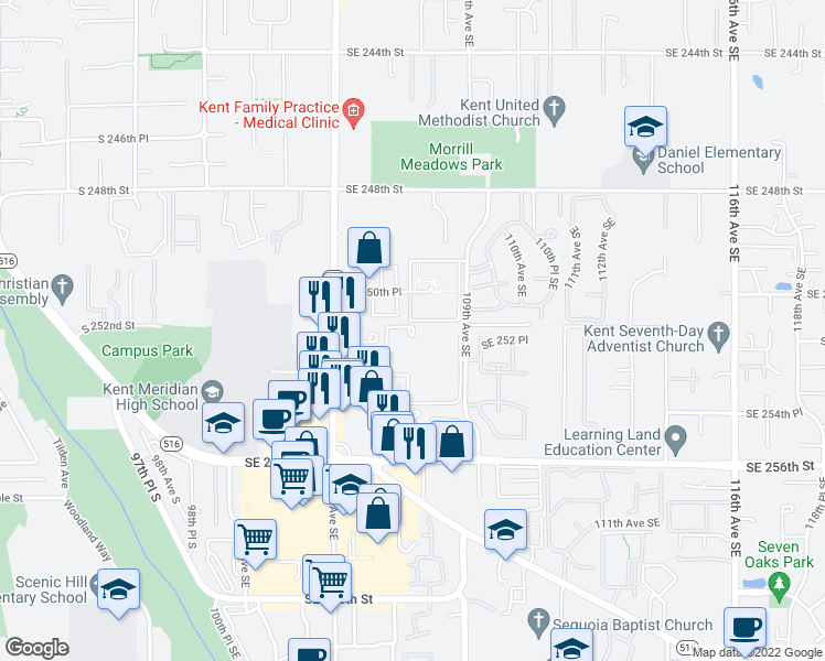 map of restaurants, bars, coffee shops, grocery stores, and more near 10600 Southeast 256th Street in Kent