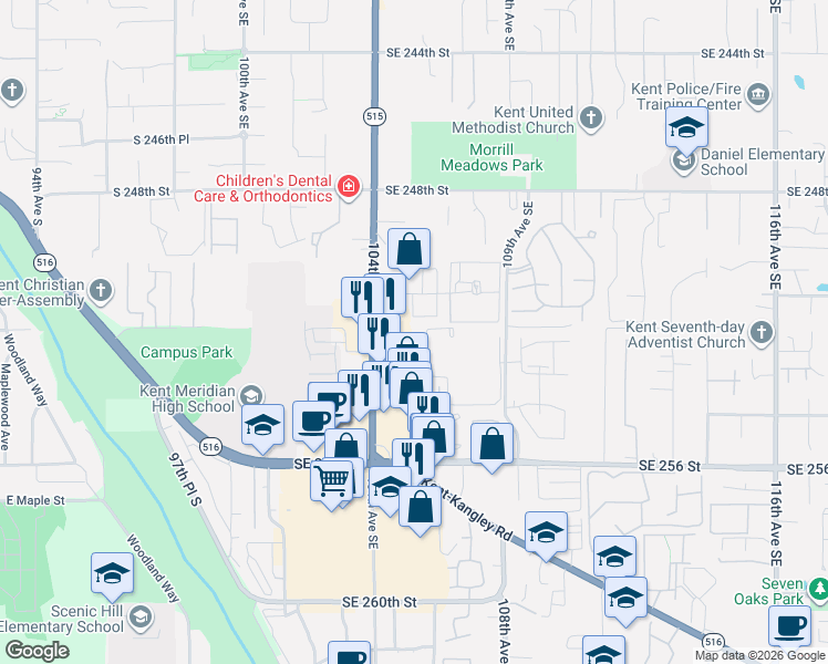 map of restaurants, bars, coffee shops, grocery stores, and more near 25220 104th Avenue Southeast in Kent