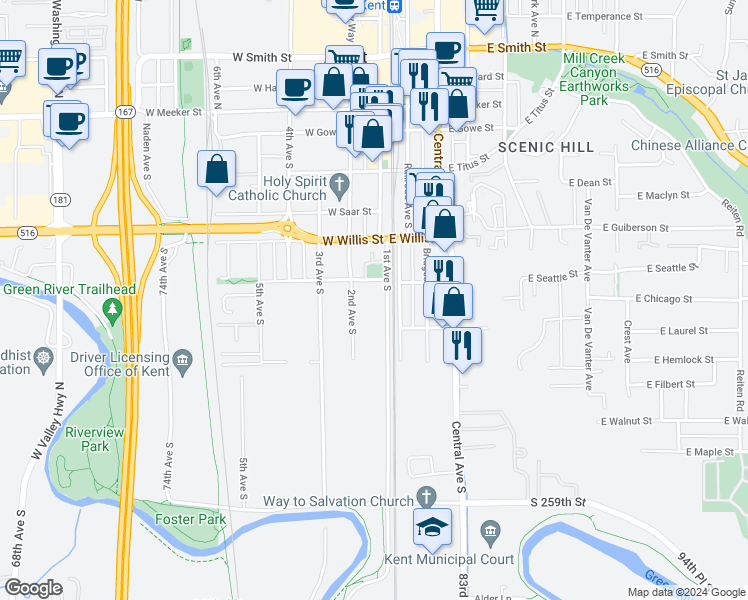 map of restaurants, bars, coffee shops, grocery stores, and more near 615 1st Avenue South in Kent