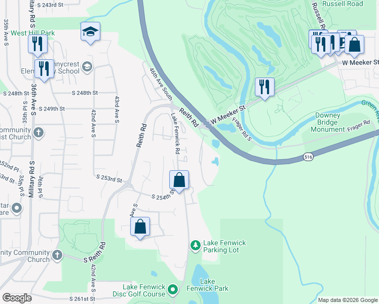 map of restaurants, bars, coffee shops, grocery stores, and more near 4815 South 251st Court in Kent